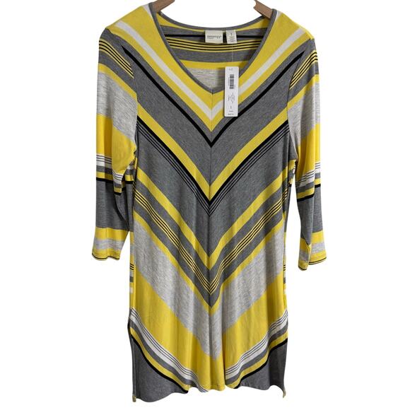 Chico’s Zenergy Yellow & Gray Striped Print Tunic Top Size 1 New - Picture 1 of 7